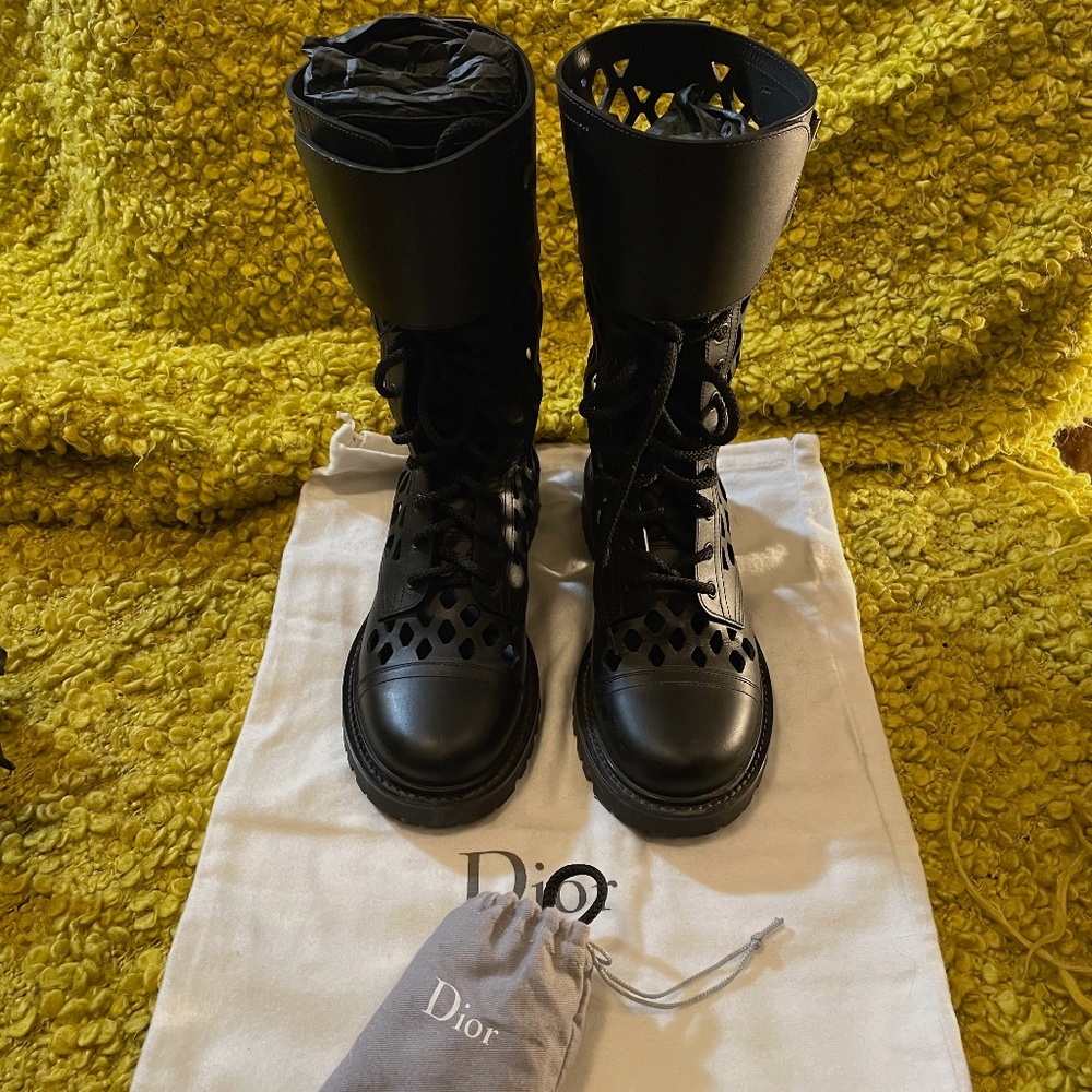 Cristian Dior Lace Up Matte Calfskin Leather D-Trap Boots; 39.5 Black